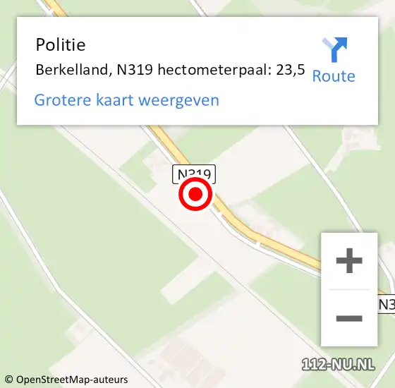 Locatie op kaart van de 112 melding: Politie Berkelland, N319 hectometerpaal: 23,5 op 30 oktober 2021 15:06