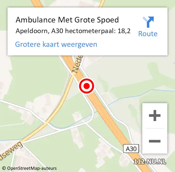 Locatie op kaart van de 112 melding: Ambulance Met Grote Spoed Naar Apeldoorn, A30 hectometerpaal: 18,2 op 30 oktober 2021 18:15