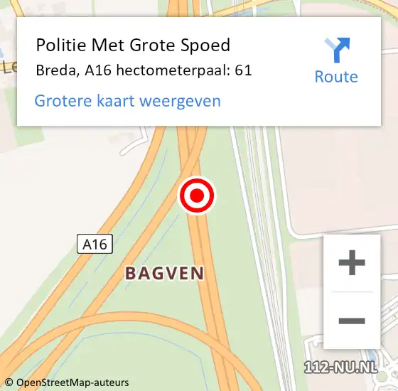Locatie op kaart van de 112 melding: Politie Met Grote Spoed Naar Breda, A16 hectometerpaal: 61 op 30 oktober 2021 21:46