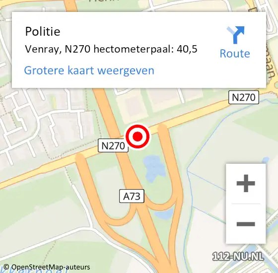 Locatie op kaart van de 112 melding: Politie Venray, N270 hectometerpaal: 40,5 op 31 oktober 2021 19:10