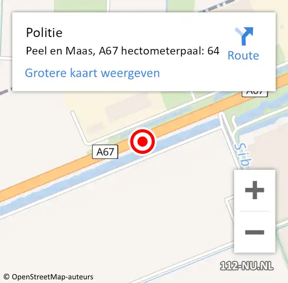 Locatie op kaart van de 112 melding: Politie Peel en Maas, A67 hectometerpaal: 64 op 31 oktober 2021 23:57