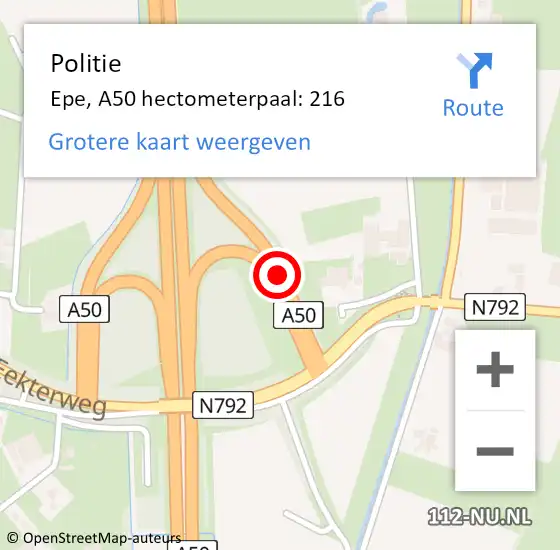 Locatie op kaart van de 112 melding: Politie Epe, A50 hectometerpaal: 216 op 1 november 2021 18:05