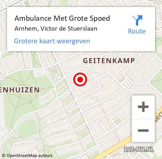 Locatie op kaart van de 112 melding: Ambulance Met Grote Spoed Naar Arnhem, Victor de Stuerslaan op 2 november 2021 05:11