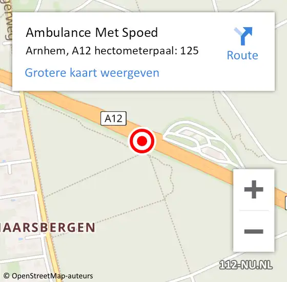 Locatie op kaart van de 112 melding: Ambulance Met Spoed Naar Arnhem, A12 hectometerpaal: 125 op 2 november 2021 14:03