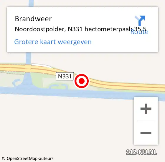 Locatie op kaart van de 112 melding: Brandweer Noordoostpolder, N331 hectometerpaal: 35,5 op 2 november 2021 15:45