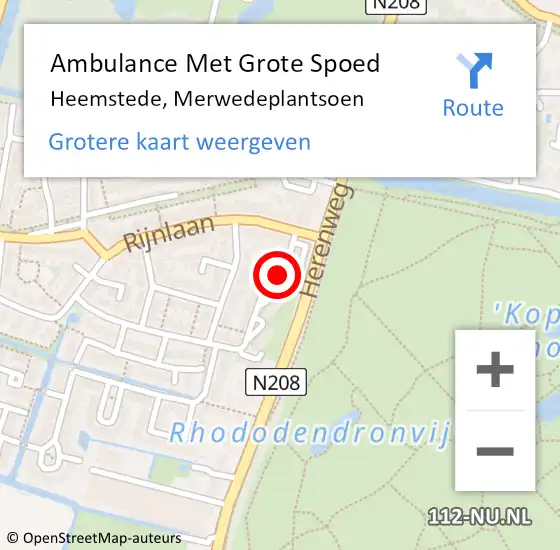 Locatie op kaart van de 112 melding: Ambulance Met Grote Spoed Naar Heemstede, Merwedeplantsoen op 3 november 2021 08:13