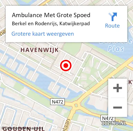Locatie op kaart van de 112 melding: Ambulance Met Grote Spoed Naar Berkel en Rodenrijs, Katwijkerpad op 3 november 2021 12:51
