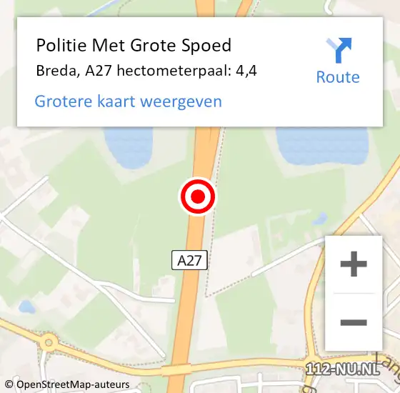 Locatie op kaart van de 112 melding: Politie Met Grote Spoed Naar Breda, A27 hectometerpaal: 4,4 op 3 november 2021 17:23