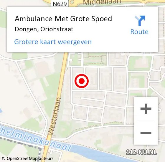 Locatie op kaart van de 112 melding: Ambulance Met Grote Spoed Naar Dongen, Orionstraat op 28 juni 2014 07:29
