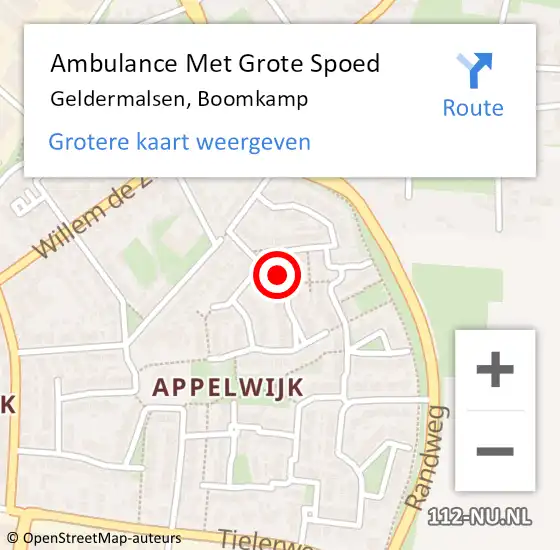 Locatie op kaart van de 112 melding: Ambulance Met Grote Spoed Naar Geldermalsen, Boomkamp op 4 november 2021 13:38