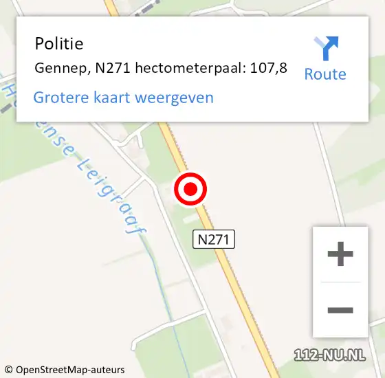 Locatie op kaart van de 112 melding: Politie Gennep, N271 hectometerpaal: 107,8 op 4 november 2021 14:10