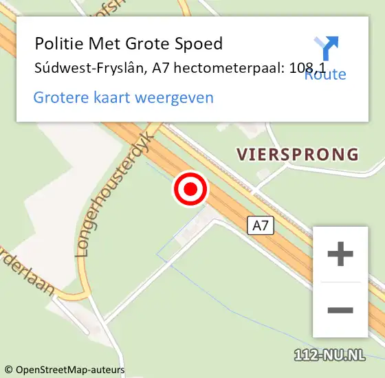 Locatie op kaart van de 112 melding: Politie Met Grote Spoed Naar Súdwest-Fryslân, A7 hectometerpaal: 108,1 op 4 november 2021 16:20