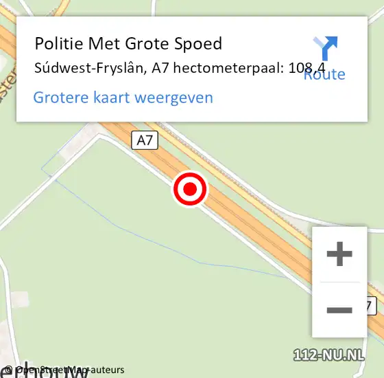 Locatie op kaart van de 112 melding: Politie Met Grote Spoed Naar Súdwest-Fryslân, A7 hectometerpaal: 108,4 op 4 november 2021 16:21