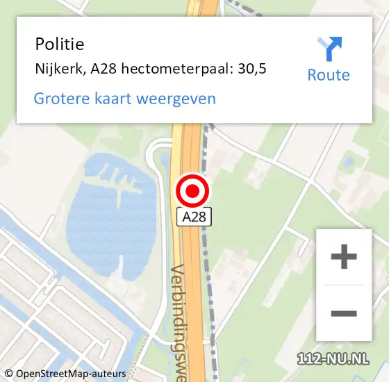 Locatie op kaart van de 112 melding: Politie Nijkerk, A28 hectometerpaal: 30,5 op 5 november 2021 14:28