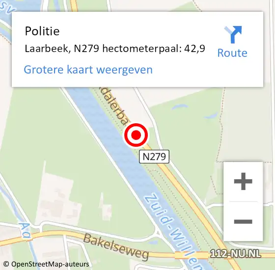 Locatie op kaart van de 112 melding: Politie Laarbeek, N279 hectometerpaal: 42,9 op 5 november 2021 14:59