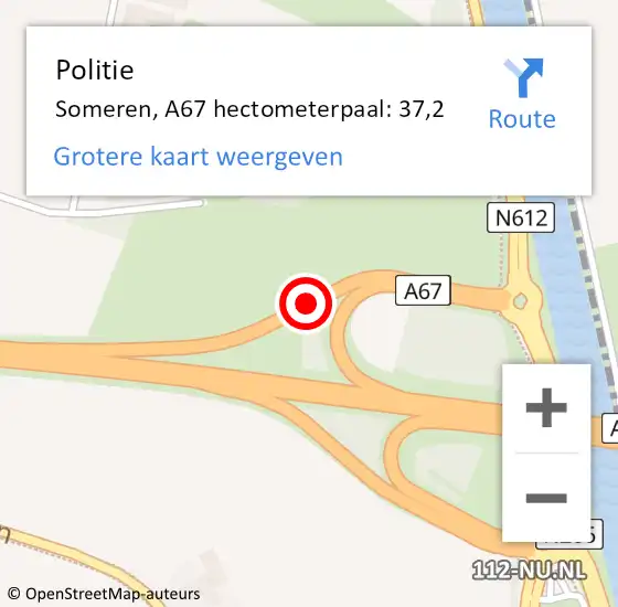 Locatie op kaart van de 112 melding: Politie Someren, A67 hectometerpaal: 37,2 op 5 november 2021 22:22