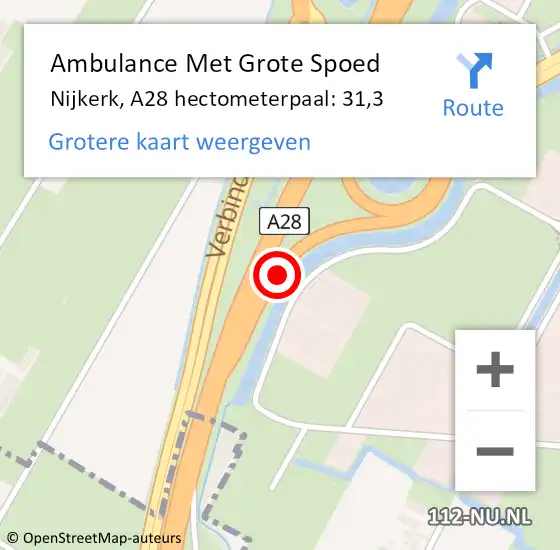 Locatie op kaart van de 112 melding: Ambulance Met Grote Spoed Naar Nijkerk, A28 hectometerpaal: 31,3 op 6 november 2021 01:21