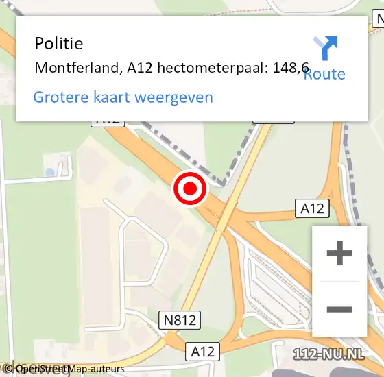 Locatie op kaart van de 112 melding: Politie Montferland, A12 hectometerpaal: 148,6 op 8 november 2021 03:21