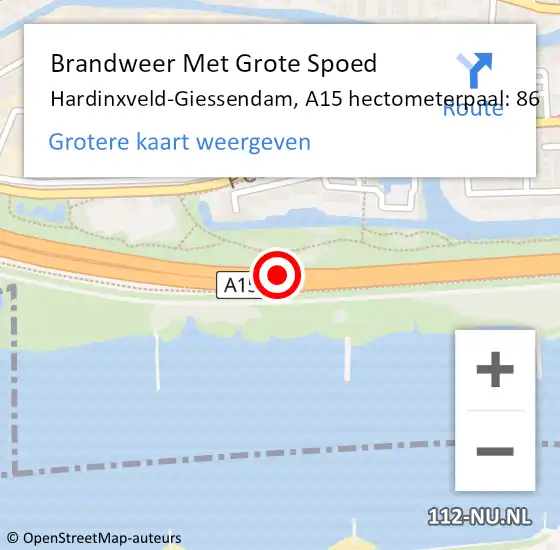 Locatie op kaart van de 112 melding: Brandweer Met Grote Spoed Naar Hardinxveld-Giessendam, A15 hectometerpaal: 86 op 8 november 2021 10:53