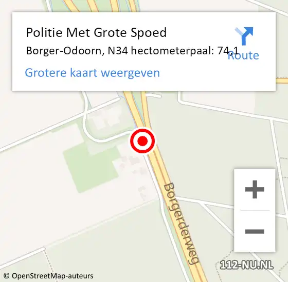 Locatie op kaart van de 112 melding: Politie Met Grote Spoed Naar Borger-Odoorn, N34 hectometerpaal: 74,1 op 8 november 2021 16:51
