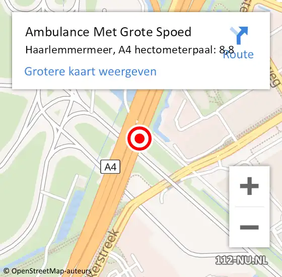 Locatie op kaart van de 112 melding: Ambulance Met Grote Spoed Naar Haarlemmermeer, A4 hectometerpaal: 8,8 op 10 november 2021 02:20