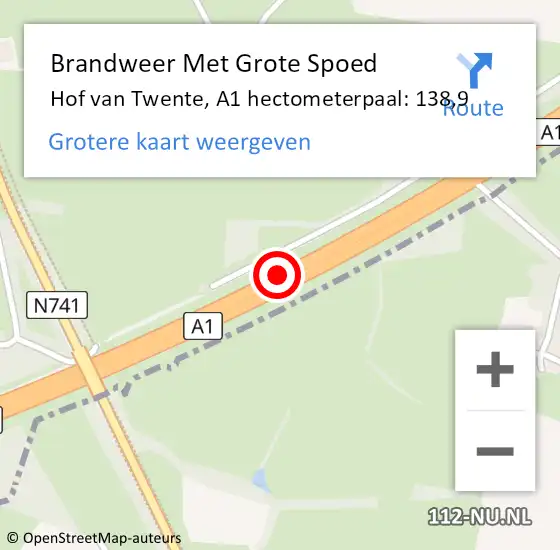 Locatie op kaart van de 112 melding: Brandweer Met Grote Spoed Naar Hof van Twente, A1 hectometerpaal: 138,9 op 10 november 2021 17:13