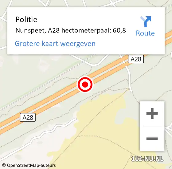 Locatie op kaart van de 112 melding: Politie Nunspeet, A28 hectometerpaal: 60,8 op 12 november 2021 19:05