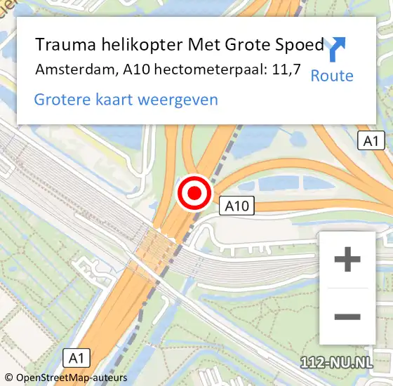 Locatie op kaart van de 112 melding: Trauma helikopter Met Grote Spoed Naar Amsterdam, A10 hectometerpaal: 11,7 op 12 november 2021 19:33