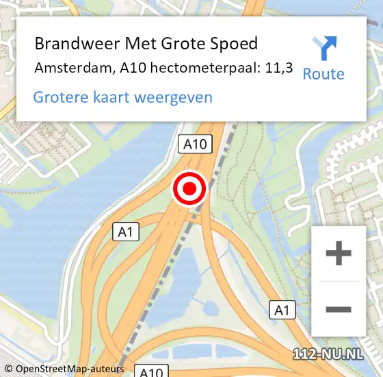 Locatie op kaart van de 112 melding: Brandweer Met Grote Spoed Naar Amsterdam, A10 hectometerpaal: 11,3 op 12 november 2021 19:36