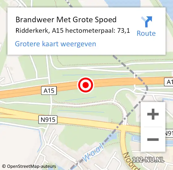 Locatie op kaart van de 112 melding: Brandweer Met Grote Spoed Naar Ridderkerk, A15 hectometerpaal: 73,1 op 12 november 2021 20:27