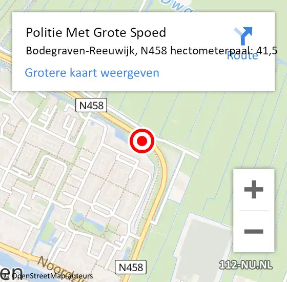 Locatie op kaart van de 112 melding: Politie Met Grote Spoed Naar Bodegraven-Reeuwijk, N458 hectometerpaal: 41,5 op 13 november 2021 12:19