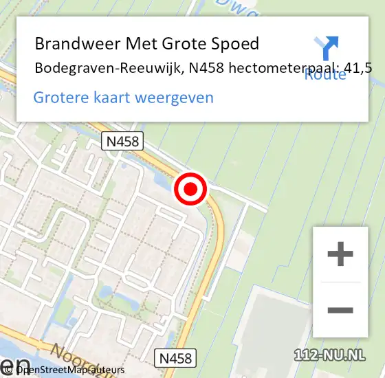 Locatie op kaart van de 112 melding: Brandweer Met Grote Spoed Naar Bodegraven-Reeuwijk, N458 hectometerpaal: 41,5 op 13 november 2021 12:19