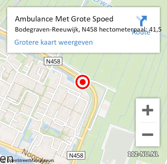 Locatie op kaart van de 112 melding: Ambulance Met Grote Spoed Naar Bodegraven-Reeuwijk, N458 hectometerpaal: 41,5 op 13 november 2021 12:19