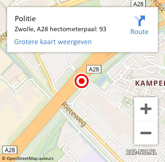 Locatie op kaart van de 112 melding: Politie Zwolle, A28 hectometerpaal: 93 op 13 november 2021 19:00
