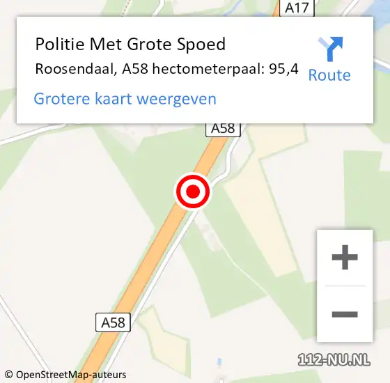 Locatie op kaart van de 112 melding: Politie Met Grote Spoed Naar Roosendaal, A58 hectometerpaal: 95,4 op 13 november 2021 20:49