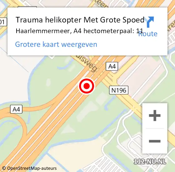 Locatie op kaart van de 112 melding: Trauma helikopter Met Grote Spoed Naar Haarlemmermeer, A4 hectometerpaal: 11 op 14 november 2021 01:19