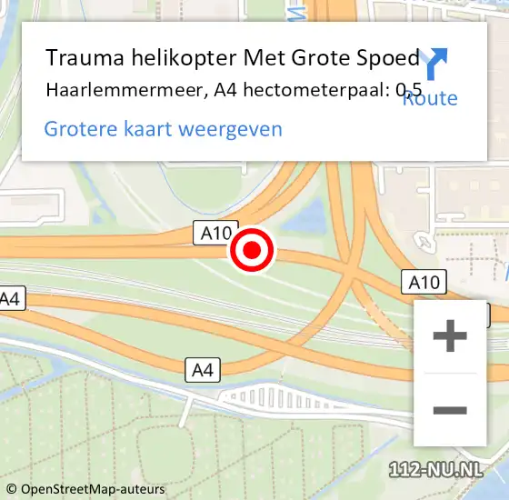 Locatie op kaart van de 112 melding: Trauma helikopter Met Grote Spoed Naar Haarlemmermeer, A4 hectometerpaal: 0,5 op 14 november 2021 06:07
