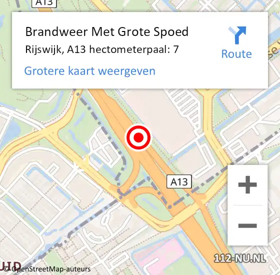 Locatie op kaart van de 112 melding: Brandweer Met Grote Spoed Naar Rijswijk, A13 hectometerpaal: 7 op 14 november 2021 19:01