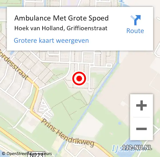 Locatie op kaart van de 112 melding: Ambulance Met Grote Spoed Naar Hoek van Holland, Griffioenstraat op 15 november 2021 23:12
