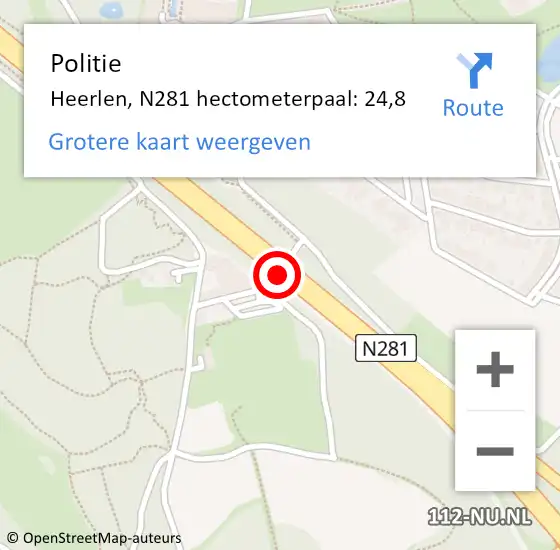 Locatie op kaart van de 112 melding: Politie Heerlen, N281 hectometerpaal: 24,8 op 16 november 2021 06:47