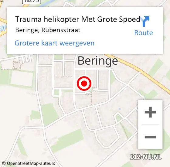 Locatie op kaart van de 112 melding: Trauma helikopter Met Grote Spoed Naar Beringe, Rubensstraat op 16 november 2021 10:03