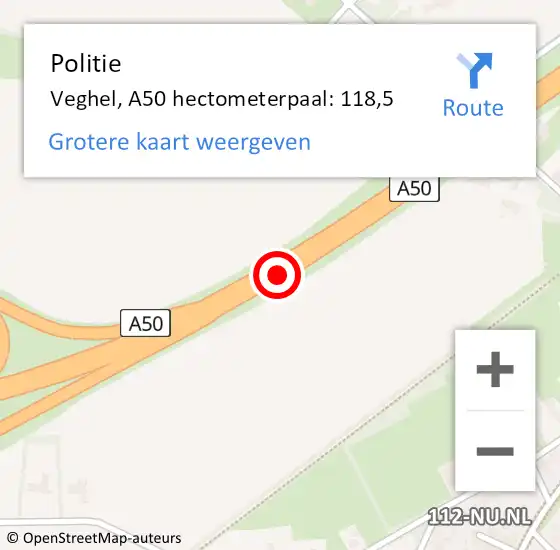 Locatie op kaart van de 112 melding: Politie Veghel, A50 hectometerpaal: 118,5 op 16 november 2021 17:13
