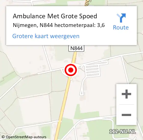 Locatie op kaart van de 112 melding: Ambulance Met Grote Spoed Naar Nijmegen, N844 hectometerpaal: 3,6 op 16 november 2021 18:35