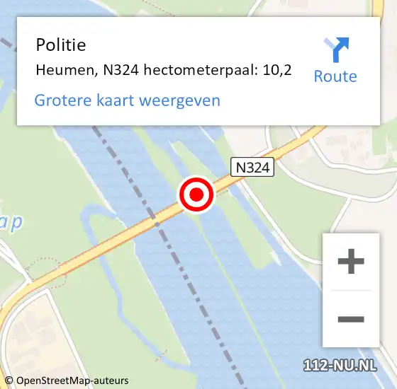 Locatie op kaart van de 112 melding: Politie Heumen, N324 hectometerpaal: 10,2 op 17 november 2021 01:24