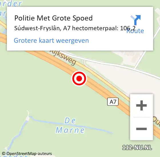 Locatie op kaart van de 112 melding: Politie Met Grote Spoed Naar Súdwest-Fryslân, A7 hectometerpaal: 106,2 op 18 november 2021 20:21