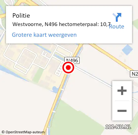 Locatie op kaart van de 112 melding: Politie Westvoorne, N496 hectometerpaal: 10,7 op 19 november 2021 14:43