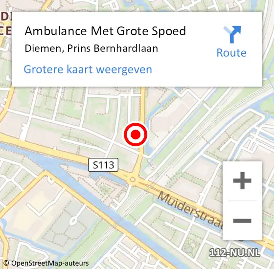 Locatie op kaart van de 112 melding: Ambulance Met Grote Spoed Naar Diemen, Prins Bernhardlaan op 19 november 2021 14:58