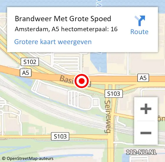 Locatie op kaart van de 112 melding: Brandweer Met Grote Spoed Naar Amsterdam, A5 hectometerpaal: 16 op 19 november 2021 18:21