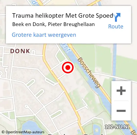 Locatie op kaart van de 112 melding: Trauma helikopter Met Grote Spoed Naar Beek en Donk, Pieter Breughellaan op 21 november 2021 00:15