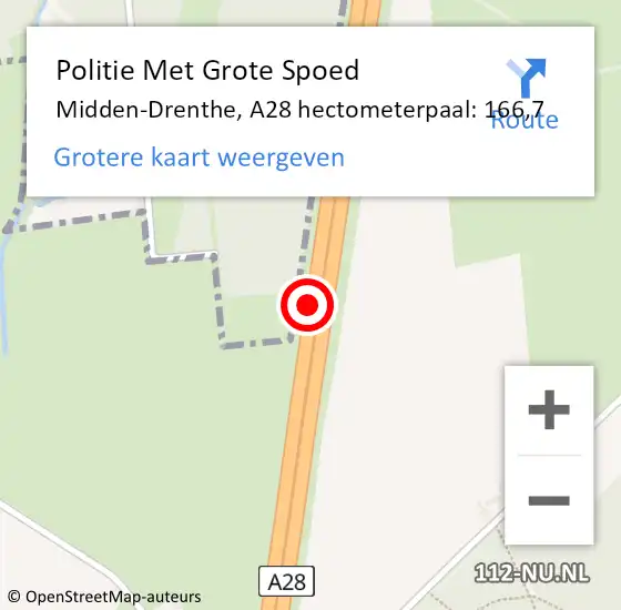 Locatie op kaart van de 112 melding: Politie Met Grote Spoed Naar Midden-Drenthe, A28 hectometerpaal: 166,7 op 21 november 2021 13:55